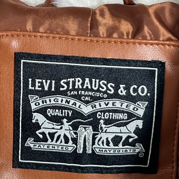 Levis Brown Faux Leather Sherpa Collar Puffer Jacket With Zipper Pockets Size XL - Picture 6 of 9